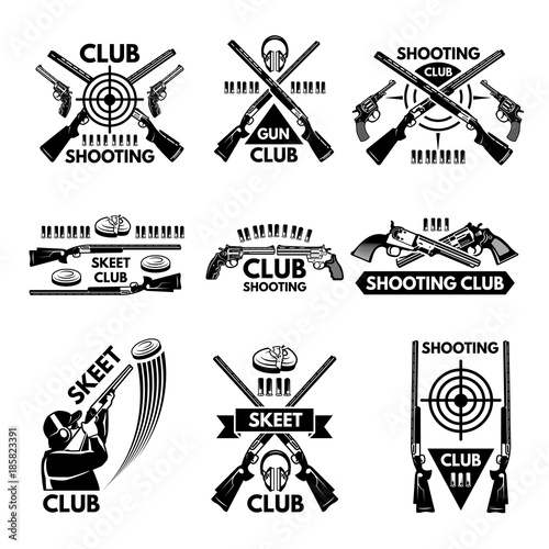 Labels set for shooting club. Illustrations of weapons, bullets, clay and guns