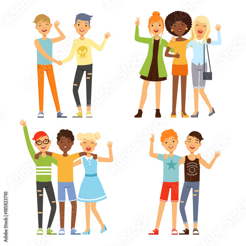 Illustrations of best friends. Friendly hugging of teenagers