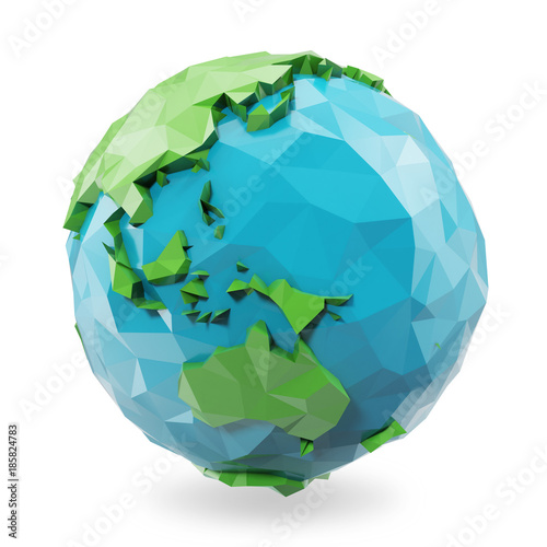 3D Rendering low poly earth globe illustration. Polygonal globe icon, low poly style