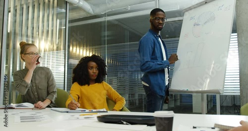 Group of young mixed races students discussing the new studying project and African American guy dwawing their ideas on the board in the nice modern classroom. Indoors photo