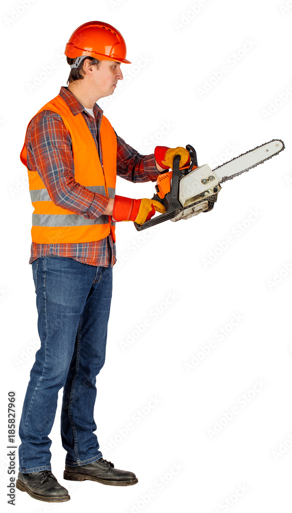 Full length portrait of a male builder in a orange helmet over white wall background. repair, construction, building, people and maintenance concept.. Full length portrait of a male builder in a orange helmet over white wall background. repair, construction, building, people and maintenance concept..
