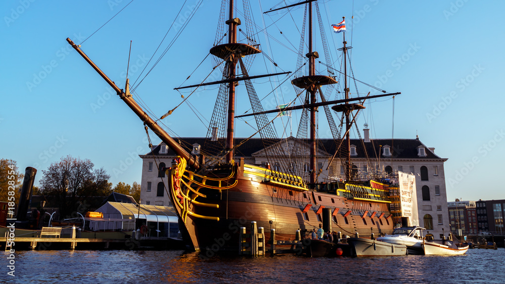 wooden ship boat with mast in Amsterdam, October 12, 2017 wooden ship boat with mast in Amsterdam, October 12, 2017