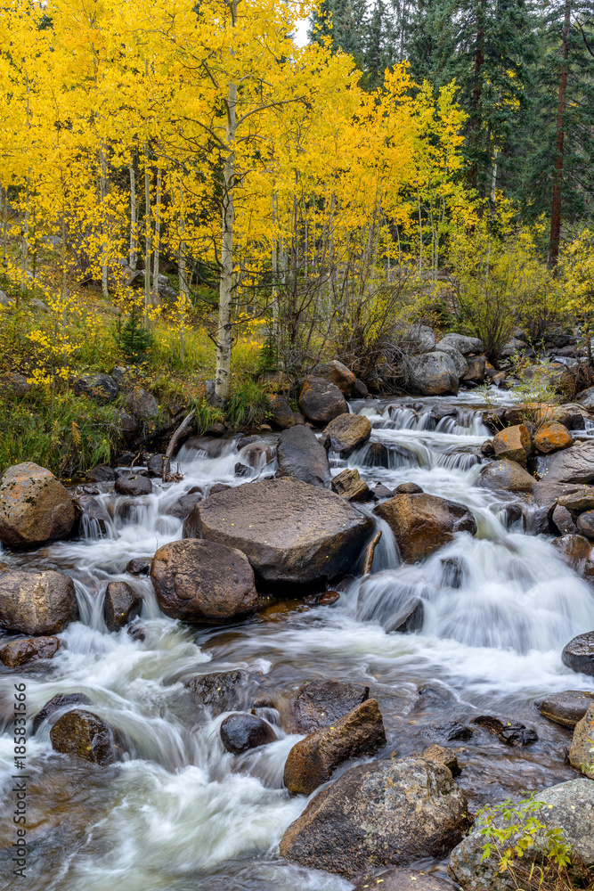 Autumn Creek - Vertical - Autumn view of a small creek waterfall at side of Guanella Pass Scenic Byway, near Grant, Colorado, USA. Autumn Creek - Vertical - Autumn view of a small creek waterfall at side of Guanella Pass Scenic Byway, near Grant, Colorado, USA.