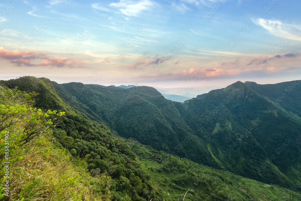 Mountains Landscape. Hills skyline Worlds End in Horton Plains National Park Sri Lanka. Mountains Landscape. Hills skyline Worlds End in Horton Plains National Park Sri Lanka.