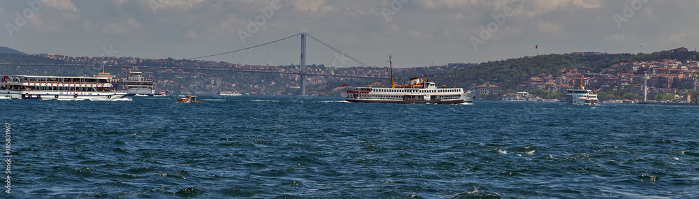 Ferry passenger boat on the Gulf Golden Horn, Channel Bosphorus Strait Sea front landscape of Istanbul historical part, Turkey famous city.