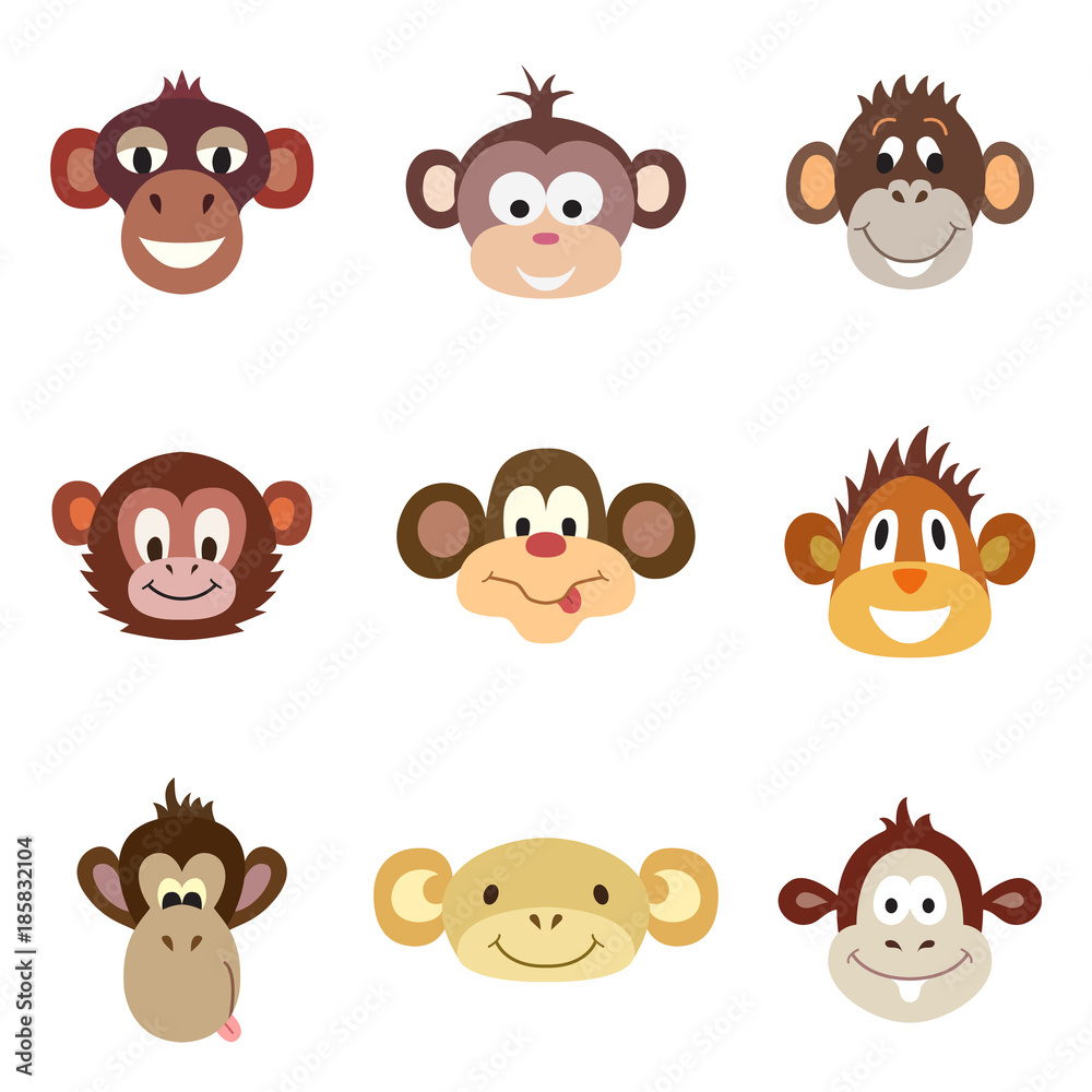 Set of funny cute monkey. Animal Portrait. Vector illustration Set of funny cute monkey. Animal Portrait. Vector illustration