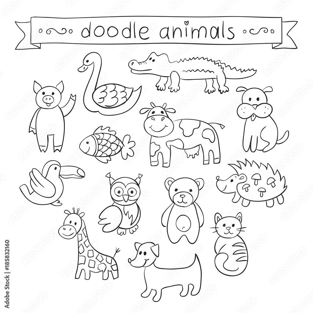 Cute Animals Doodle Set. Vector illustration for your cute design. Stock  Vector | Adobe Stock