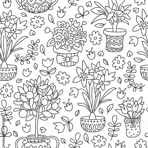 Seamless pattern doodle plants in pots, floral background.