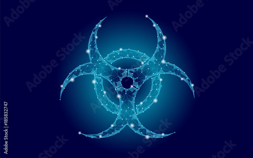 Toxic biohazard epidemic danger alert. Futuristic low poly night sky stars pollution waste attention caution hazard virus web concept triangle polygonal line blue vector illustration