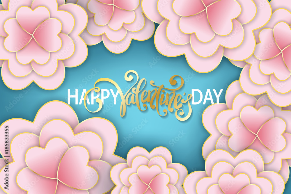 Elegant floral Greeting card. Happy Valentine's Day lettering. Paper art flower, heart shape paper cut flower petals, 3d design. Jewellery flowers with golden elements.