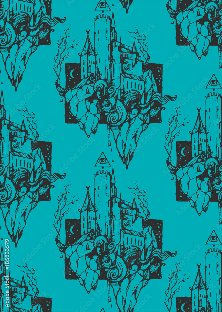 Seamless texture with castle on the cloud. Repeating background. Tile ...