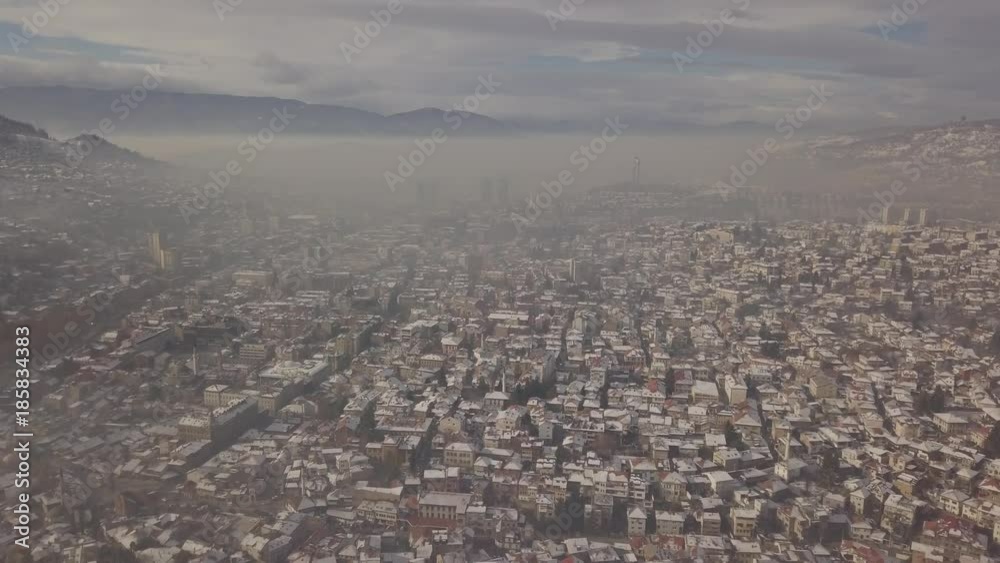 Aerial, City after snowfall, winter in the city, Sarajevo, Bosnia and Herzegovina Aerial, City after snowfall, winter in the city, Sarajevo, Bosnia and Herzegovina