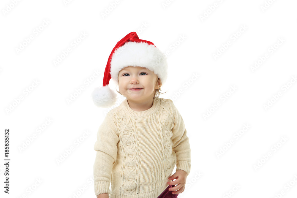 Little girl in santa hat on white background Little girl in santa hat on white background