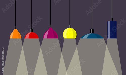 Hanging lamps, set. Chandeliers, lamps, bulbs - elements of modern interior. Vector illustration, isolated.