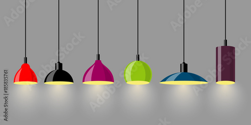 Hanging lamps, set. Chandeliers, lamps, bulbs - elements of modern interior. Vector illustration, isolated.