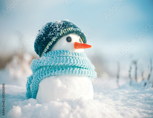 Little snowman in a cap and a scarf on snow in the winter. Festive background with a lovely snowman. Christmas card, copy space © isavira