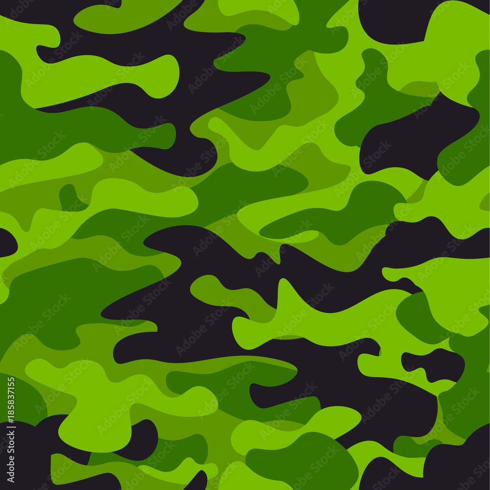 Green camouflage seamless pattern background. Classic clothing style  masking camo repeat print. Green, lime, black olive colors forest texture.  Design element. Vector illustration. Stock Vector