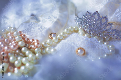 Tiara and pearls with wedding dress