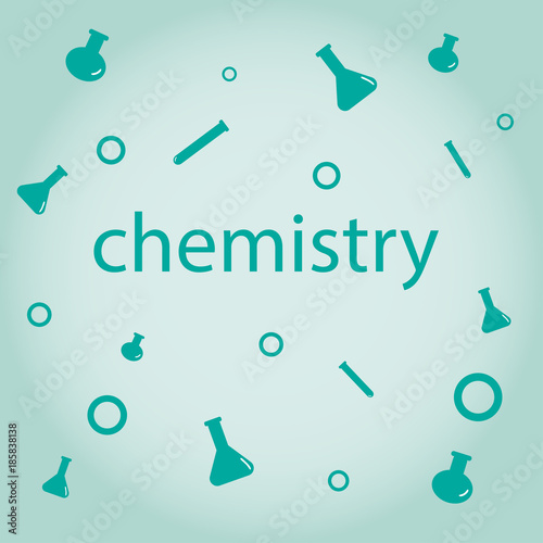 inscription chemistry on a background of flasks and beakers