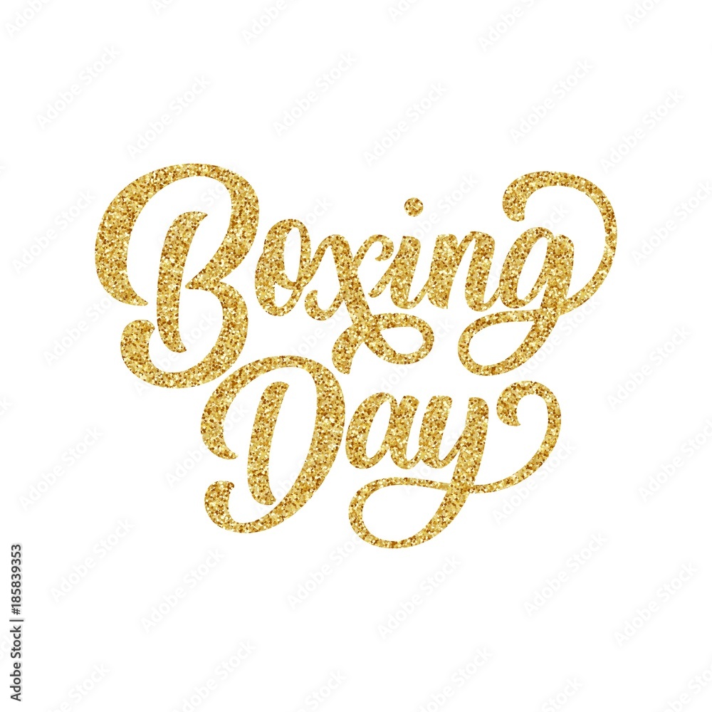 Hand lettering Boxing Day with golden glitter effect, isolated on white background. Perfect for festive typography design, christmas postcards. Vector illustration. Hand lettering Boxing Day with golden glitter effect, isolated on white background. Perfect for festive typography design, christmas postcards. Vector illustration.