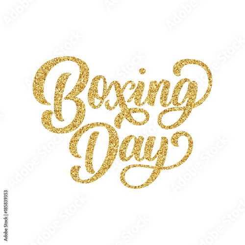 Hand lettering Boxing Day with golden glitter effect, isolated on white background. Perfect for festive typography design, christmas postcards. Vector illustration.