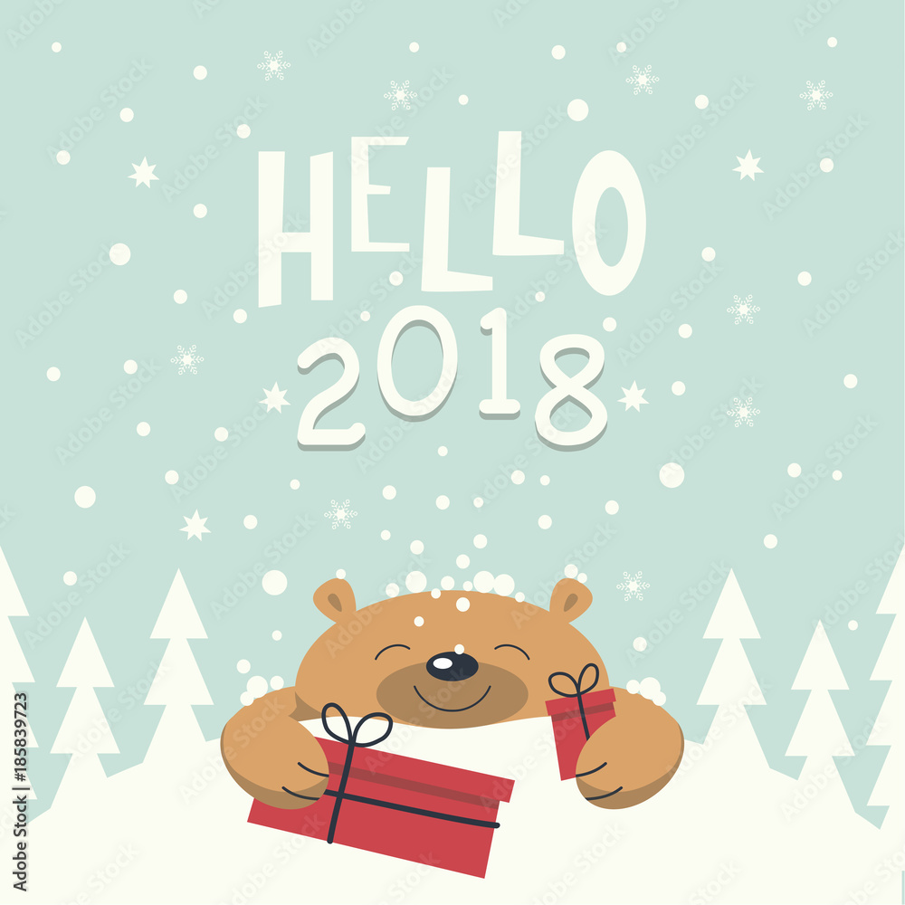 Christmas card. Brown bear lies on a snowdrift holding gift boxes in paws. Christmas trees on the snowdrift . Snowflakes falling. Phrase hello  2018 .
