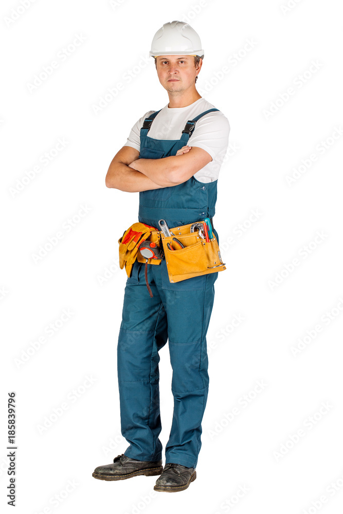 Full length portrait of a male builder in with helmet over white wall background. repair, construction, building, people and maintenance concept. Full length portrait of a male builder in with helmet over white wall background. repair, construction, building, people and maintenance concept.