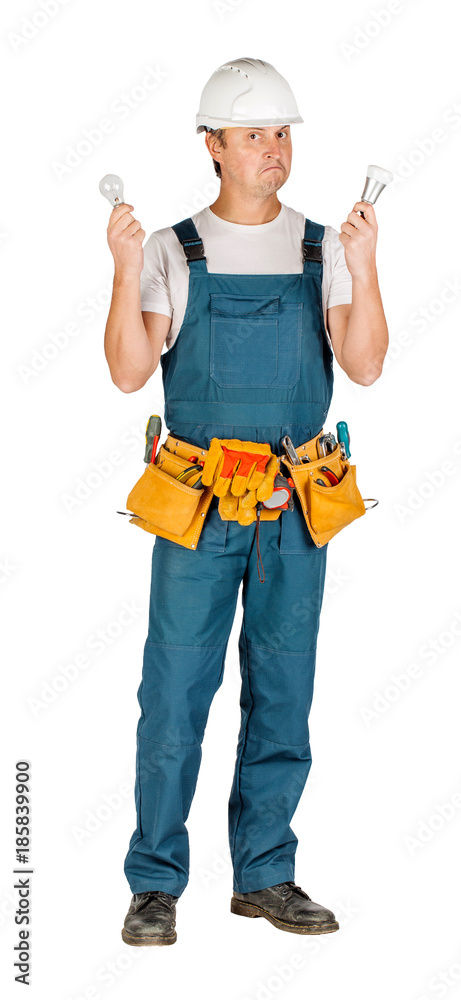 Full length portrait of a male builder in with helmet over white wall background. repair, construction, building, people and maintenance concept. Full length portrait of a male builder in with helmet over white wall background. repair, construction, building, people and maintenance concept.