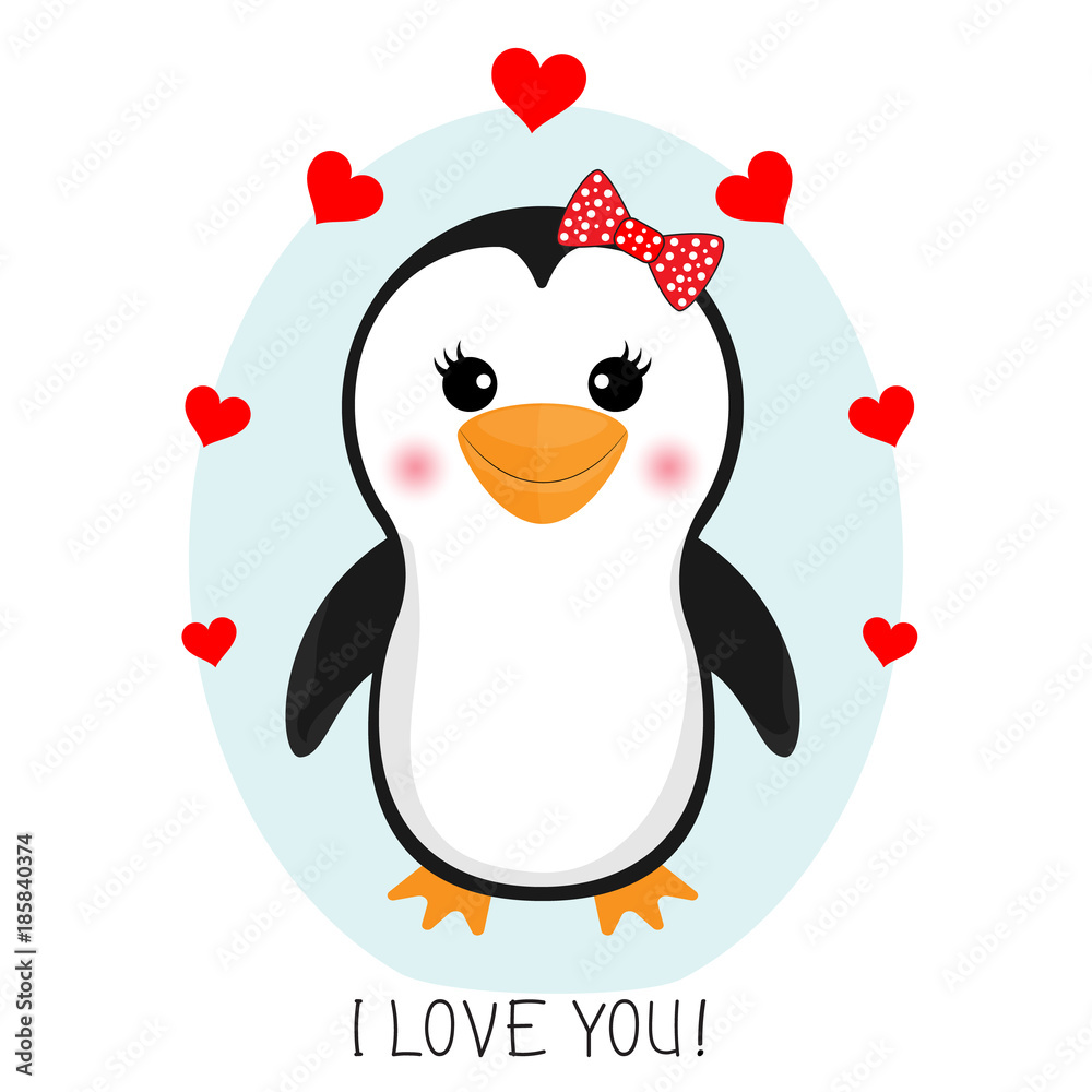 Fototapeta premium Little cute penguin with a red hearts. Greetig card..