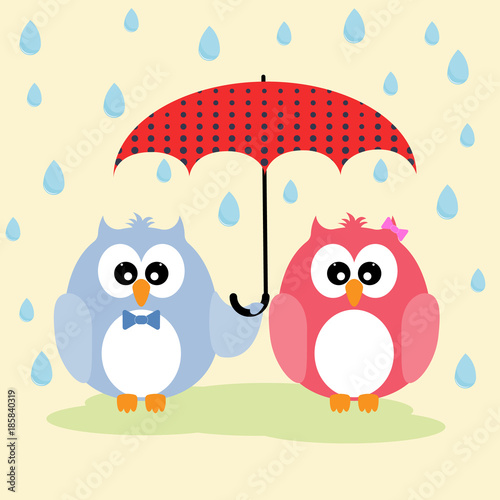 Cute lovely owls couple under umbrella.þ Greeting card