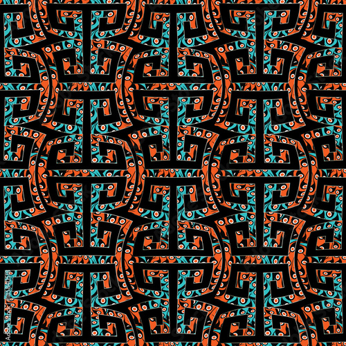 Modern geometric meander seamless pattern. Colorful vector abstract background. Bright orange blue geometric shapes, figures, ornamental greek key ornaments. Elegant design for wallpapers, fabric