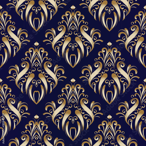 Gold damask floral seamless pattern. Flourish vector background. Hand drawn golden antique flowers, dots, lines, swirls. Antigue beautiful ornaments. Luxury design for wallpapers, fabric, prints. © Naila Zeynalova