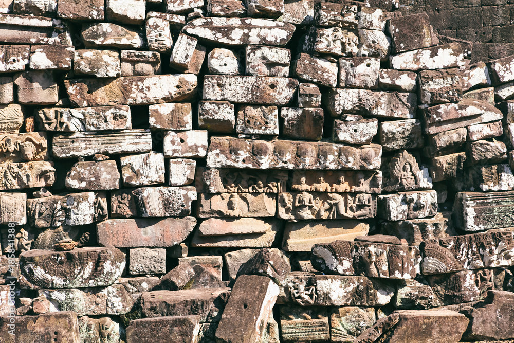 Fototapeta premium Ancient Bayon temple, Angkor Thom , the most popular tourist attraction in Siem reap, Cambodia