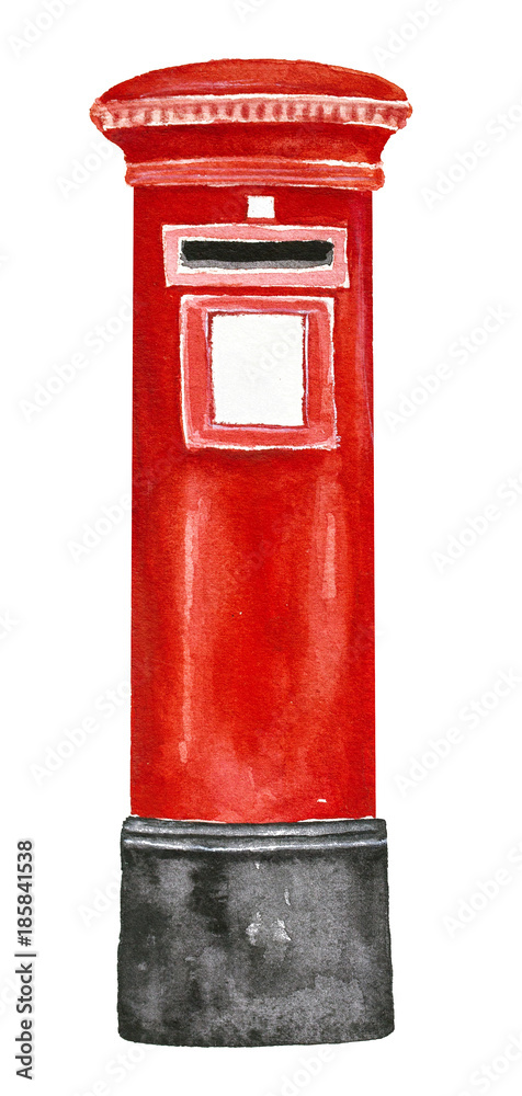 Red color British Post Pillar Box with aperture for stamped mail. Single object, standing, classic vertical design. Without writing. Hand drawn watercolour illustration, isolated on white background. Red color British Post Pillar Box with aperture for stamped mail. Single object, standing, classic vertical design. Without writing. Hand drawn watercolour illustration, isolated on white background.