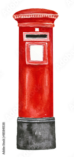 Red color British Post Pillar Box with aperture for stamped mail. Single object, standing, classic vertical design. Without writing. Hand drawn watercolour illustration, isolated on white background. photo