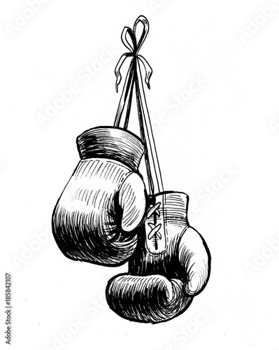 Photography Hanging boxing gloves. Retro styled ink illustration