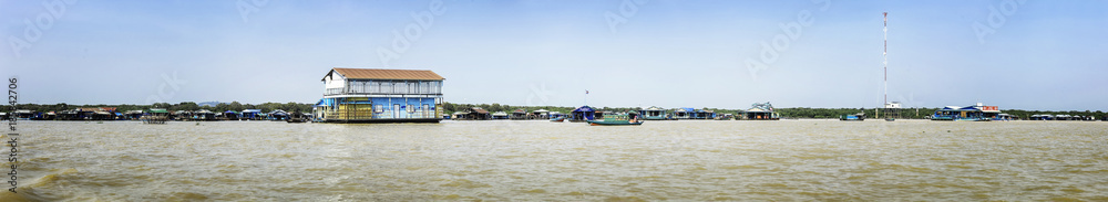 Panorama of Homes on stilts on the floating village of Kampong Phluk, Tonle Sap lake, Siem Reap province, Cambodia