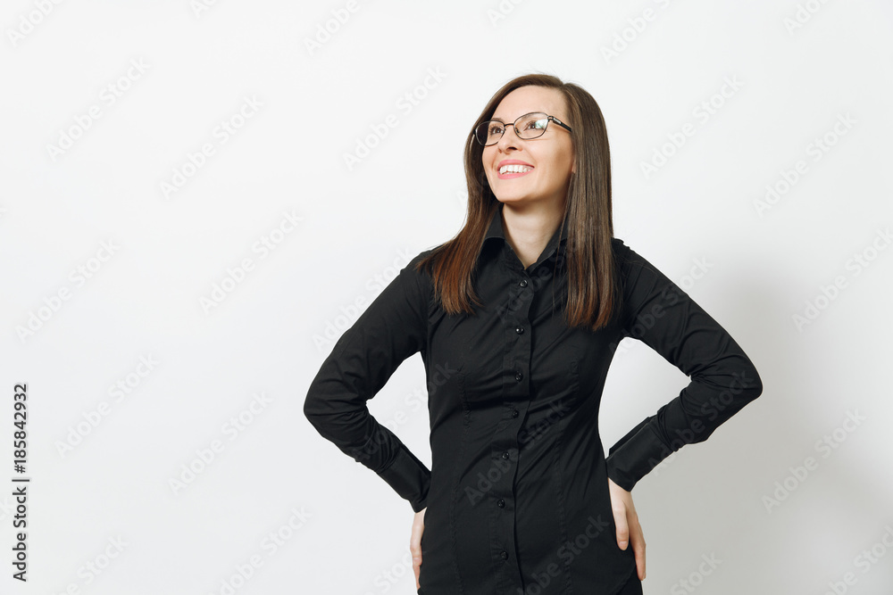 Beautiful happy caucasian young smiling brown-hair business woman in black classic shirt, skirt, glasses isolated on white background close up. Manager, worker, student. Copy space for advertisement. Beautiful happy caucasian young smiling brown-hair business woman in black classic shirt, skirt, glasses isolated on white background close up. Manager, worker, student. Copy space for advertisement.