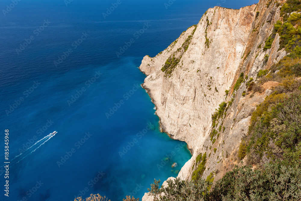 Beautiful blue water and cliff. Beach of Navagio, Zakynthos, Greece.