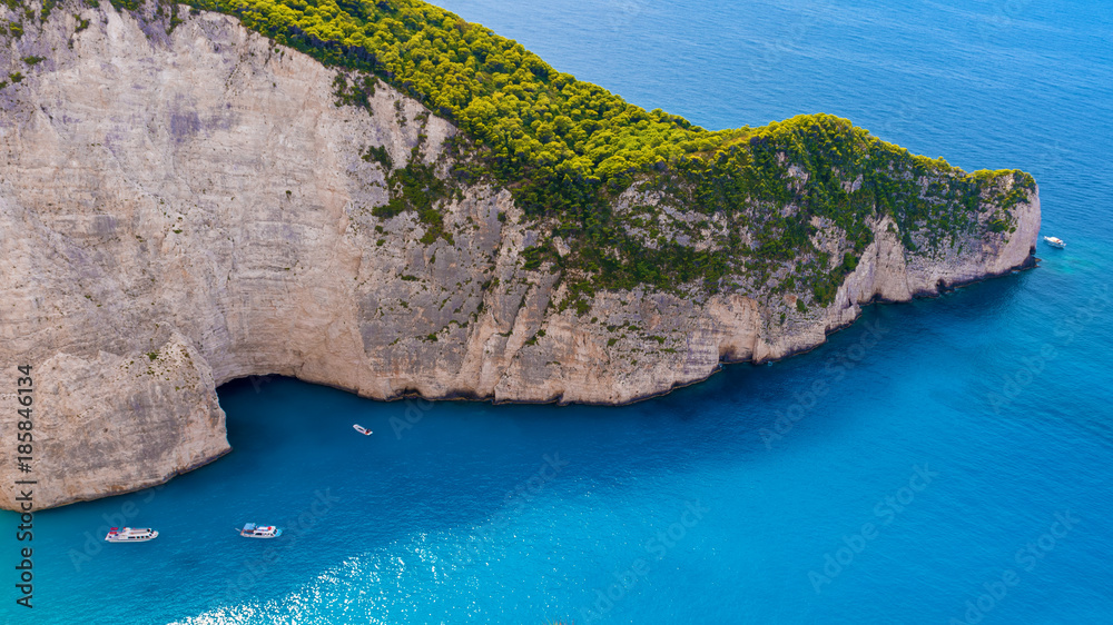 Fototapeta premium Beautiful blue sea and cliffs. Navagio Beach in Zakynthos island, Greece