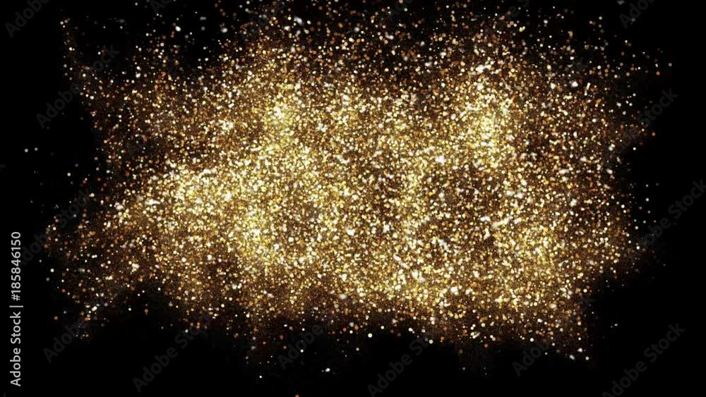Animation of gold glitter powder splash background. Festive golden scattered dust particles. Magic mist glowing. Stylish fashion black backdrop. Glamour Abstract Background.