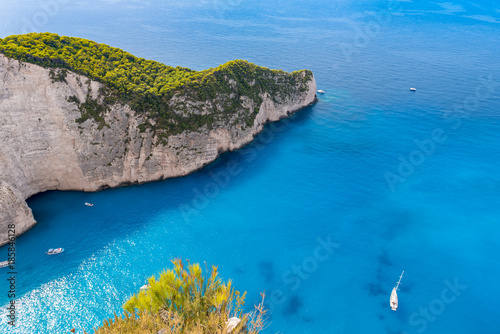 Beautiful blue sea and cliffs. Navagio Beach in Zakynthos island, Greece