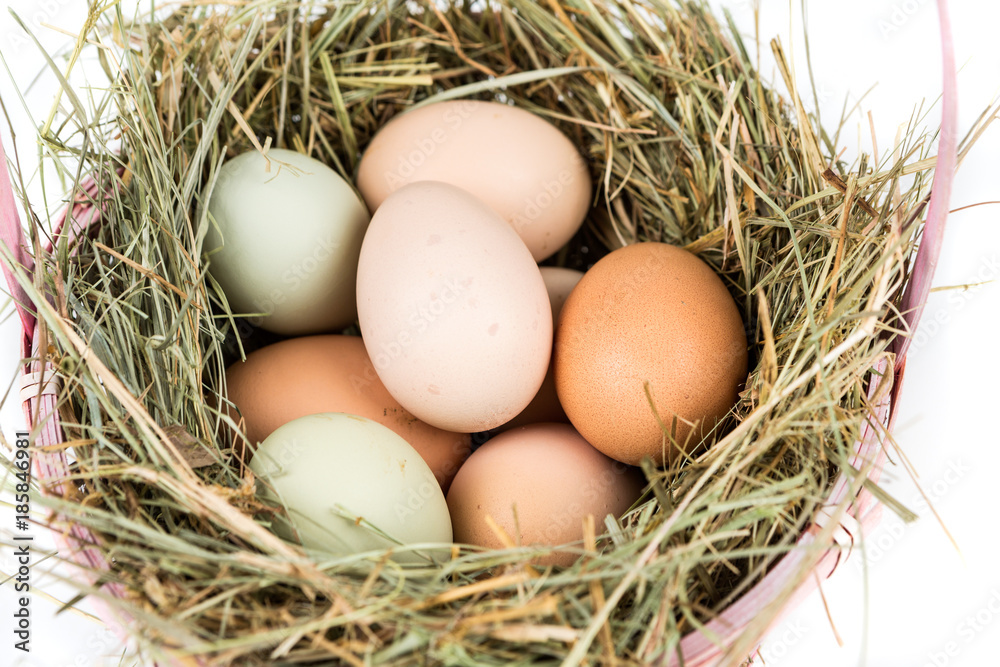 Easter basket filled with farm fresh eggs and hay on a white background Easter basket filled with farm fresh eggs and hay on a white background