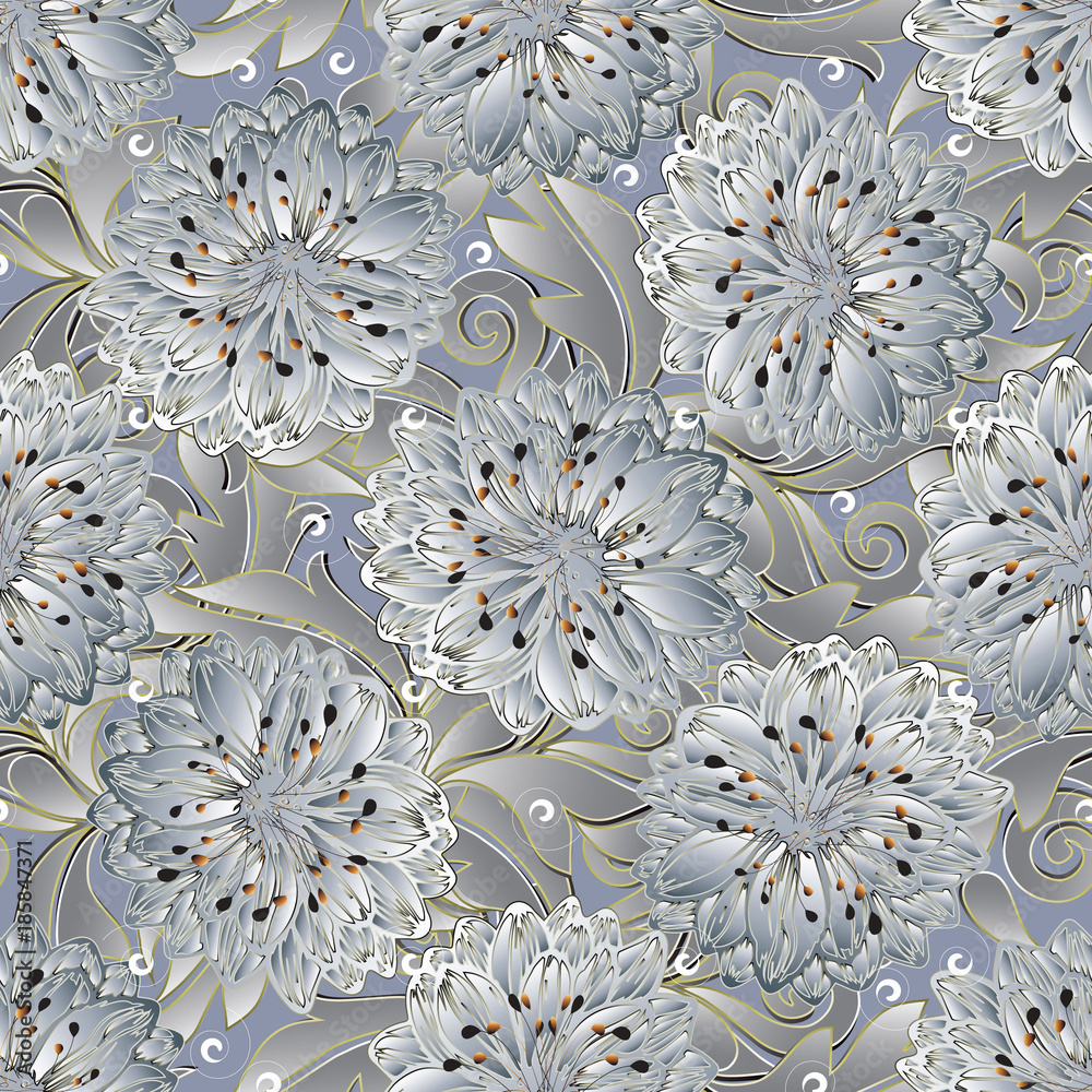 3d floral vector seamless pattern. Light elegant flourish background. Rich wallpaper. White 3d flowers, petals, stamens, scroll swirl leaves, flowery ornaments in baroque damask style. Surface texture