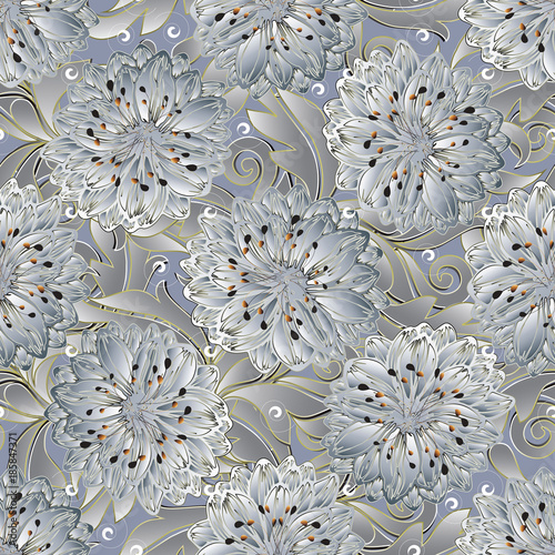 3d floral vector seamless pattern. Light elegant flourish background. Rich wallpaper. White 3d flowers, petals, stamens, scroll swirl leaves, flowery ornaments in baroque damask style. Surface texture © Naila Zeynalova
