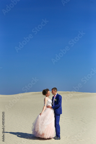 Young wedding couple on beautiful sand dune with wives on sea  © Bas