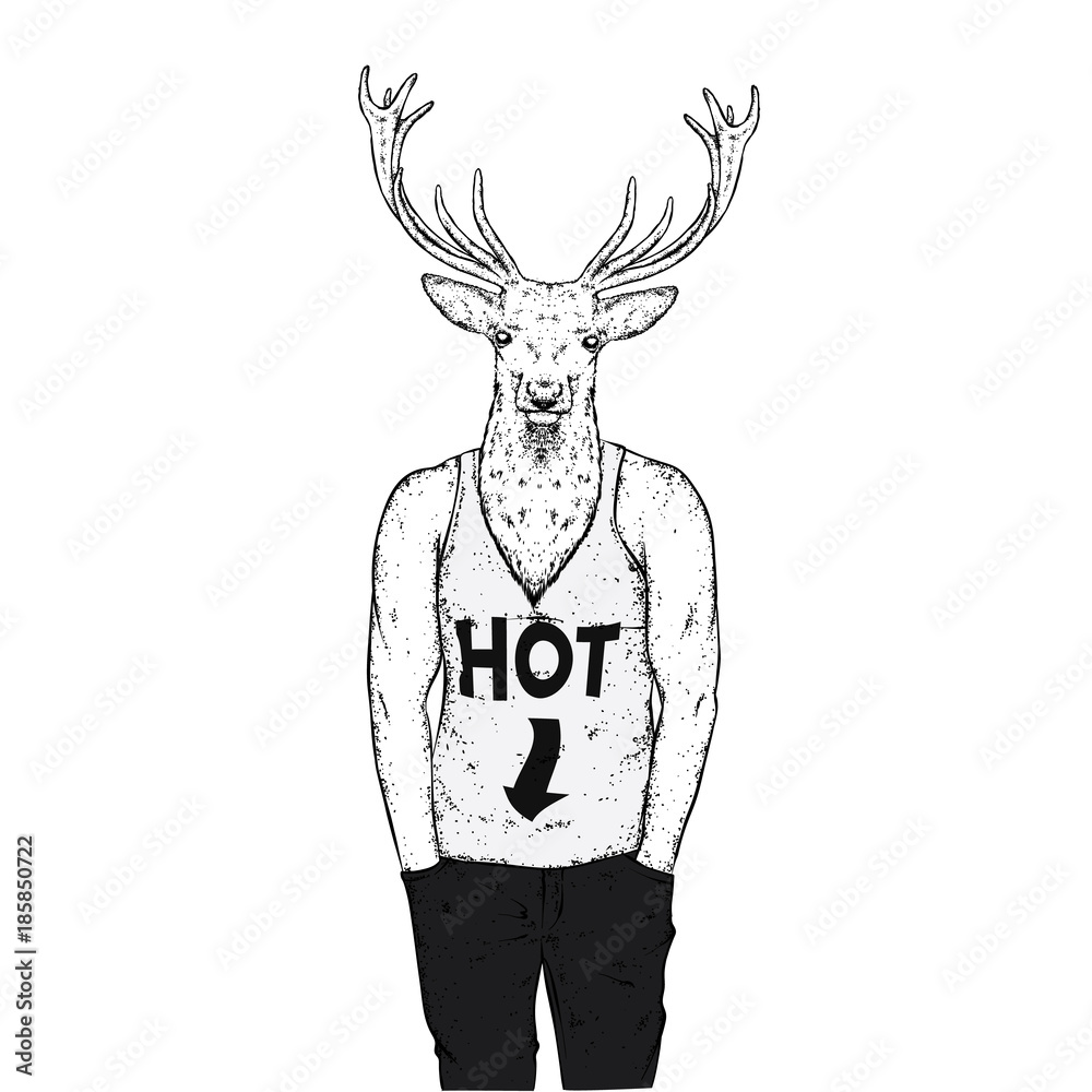 Fototapeta premium A deer with a beautiful male body. The sports guy strained his. Vector illustration for a postcard or a poster, print for clothes. Sports, clothing and accessories.