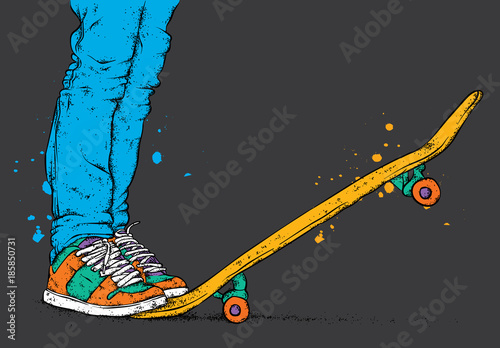 Stylish skater in jeans and sneakers. Skateboard. Vector illustration for a postcard or a poster, print for clothes. Street cultures.