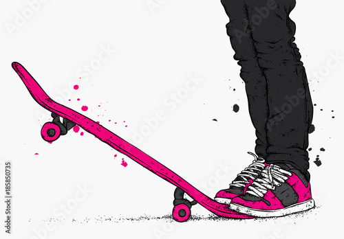 Stylish skater in jeans and sneakers. Skateboard. Vector illustration for a postcard or a poster, print for clothes. Street cultures.