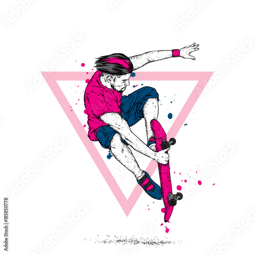 Stylish skater in jeans and sneakers. Skateboard. Vector illustration for a postcard or a poster, print for clothes. Street cultures.